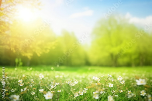 Beautiful blurred spring background nature with blooming glade, trees and blue sky on a sunny day, Generative AI