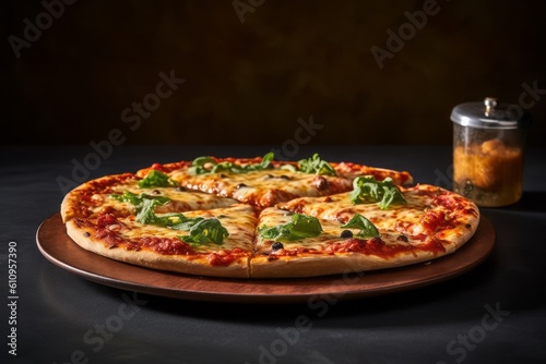 Detailed close-up photography of a tempting pizza on a rustic plate against a minimalist or empty room background. With generative AI technology