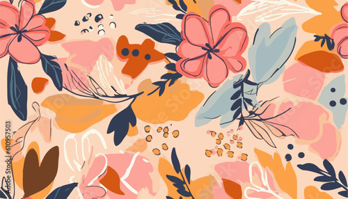 Hand drawn cute pink artistic flowers and butterflies pattern. Modern cartoon style print. Fashionable template for design