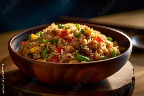 Close-up view photography of a tempting fried rice on a rustic plate against a minimalist or empty room background. With generative AI technology