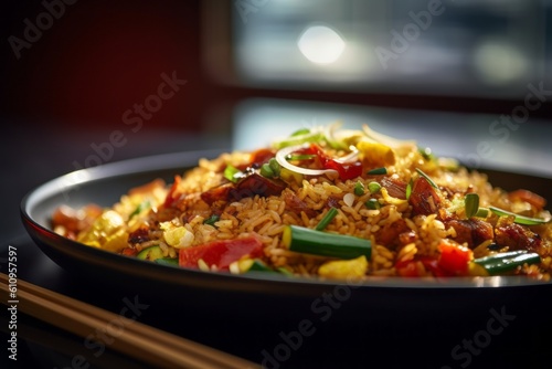 Macro view photography of a tasty fried rice on a metal tray against a minimalist or empty room background. With generative AI technology