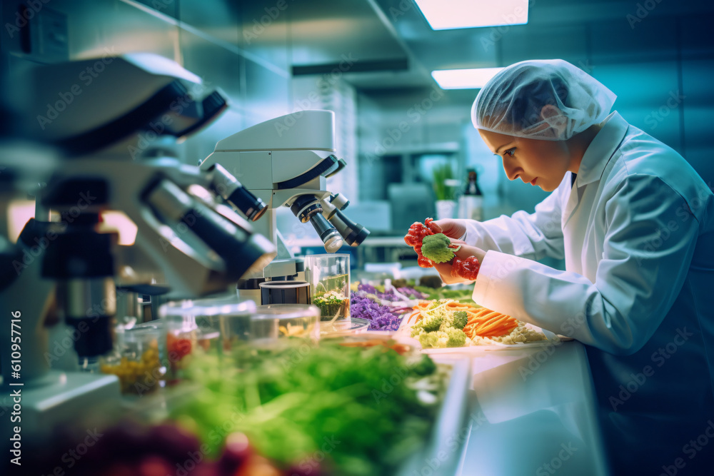 Scientists working in a state-of-the-art laboratory conducting research in food technology, using a macro lens to capture intricate details and a modern, clean aesthetic - obrazy, fototapety, plakaty 