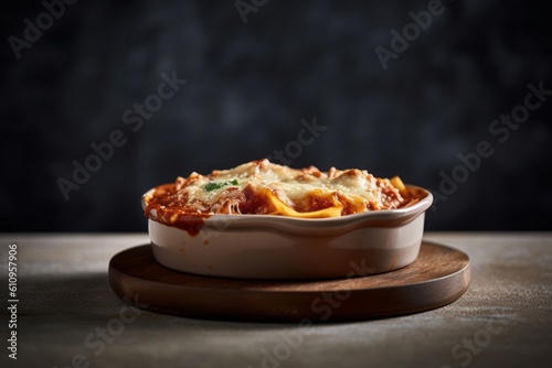 Conceptual close-up photography of a tempting lasagna in a clay dish against a minimalist or empty room background. With generative AI technology