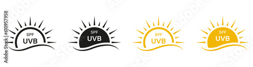 UV, UVB Skin Protection, Block Solar Radiation Pictogram Set. Anti Ultraviolet Rays. SPF Protect Icon. Sunblock Cream Labels, Sunscreen Lotion Symbol Collection. Isolated Vector Illustration