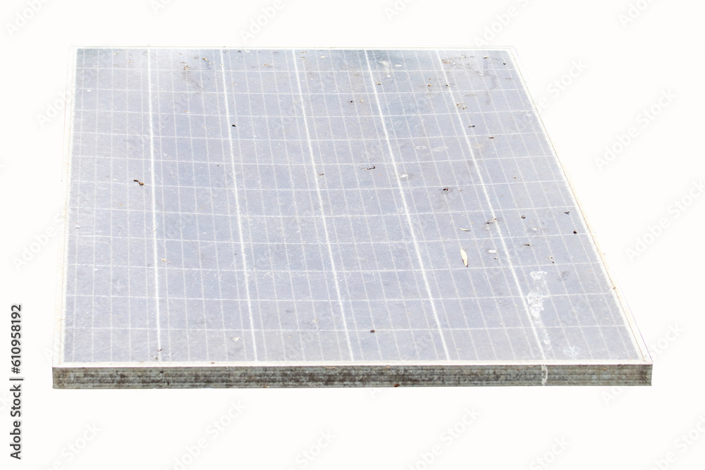 Old solar panel used to generate electricity for wastewater treatment dirty outside isolated on white background. To be used as renewable energy and clean energy. natural renewable energy. Old solar panel used to generate electricity for wastewater treatment dirty outside isolated on white background. To be used as renewable energy and clean energy. natural renewable energy.
