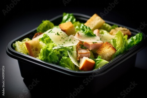 Macro detail close-up photography of a tempting caesar salad in a bento box against a minimalist or empty room background. With generative AI technology