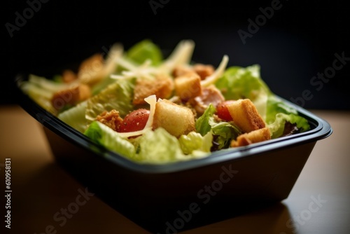 Macro detail close-up photography of a tempting caesar salad in a bento box against a minimalist or empty room background. With generative AI technology
