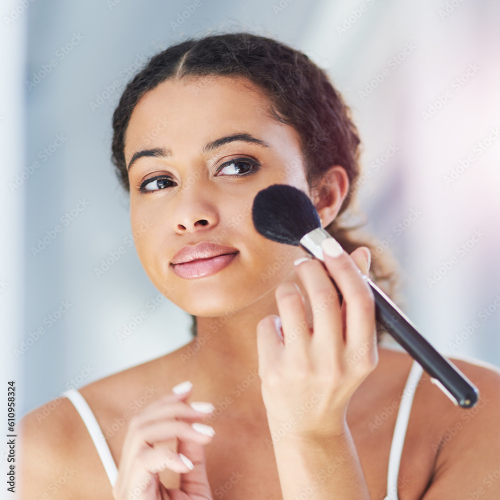 Beauty, self care and woman with a makeup brush for a natural, skin and face in her bathroom. Cosmetic, glamour and beautiful female person with cosmetics powder for morning routine in her apartment.