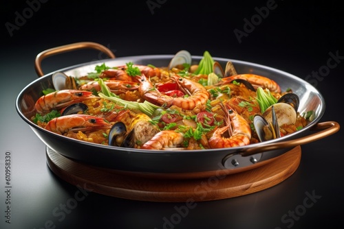 Detailed close-up photography of a delicious paella on a metal tray against a minimalist or empty room background. With generative AI technology