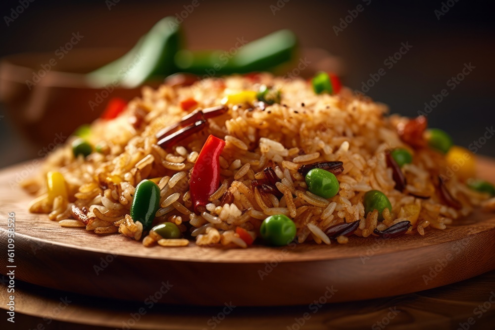 Highly detailed close-up photography of a tempting fried rice on a wooden board against a pastel or soft colors background. With generative AI technology