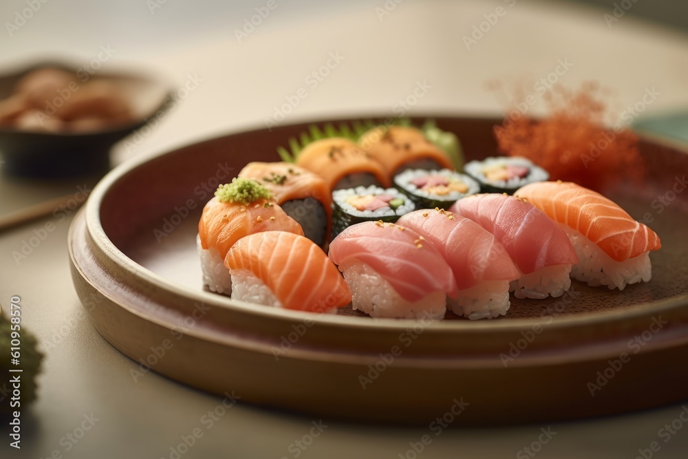 Highly detailed close-up photography of a delicious sushi in a clay dish against a pastel or soft colors background. With generative AI technology Highly detailed close-up photography of a delicious sushi in a clay dish against a pastel or soft colors background. With generative AI technology
