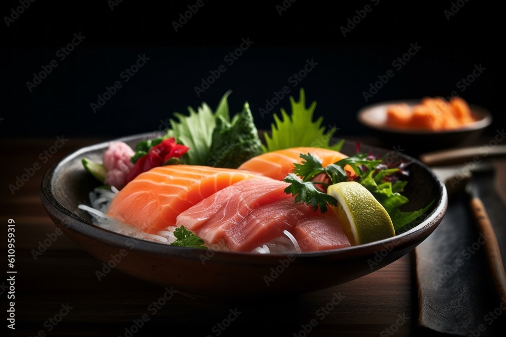 Close-up view photography of a tempting sashimi on a rustic plate against a pastel or soft colors background. With generative AI technology Close-up view photography of a tempting sashimi on a rustic plate against a pastel or soft colors background. With generative AI technology