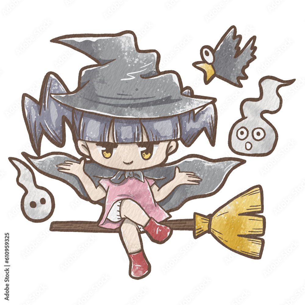 Little witch girl sitting on a floating broom There is a spirit fireball and a crow. Illustration about Halloween kid theme. Little witch girl sitting on a floating broom There is a spirit fireball and a crow. Illustration about Halloween kid theme.
