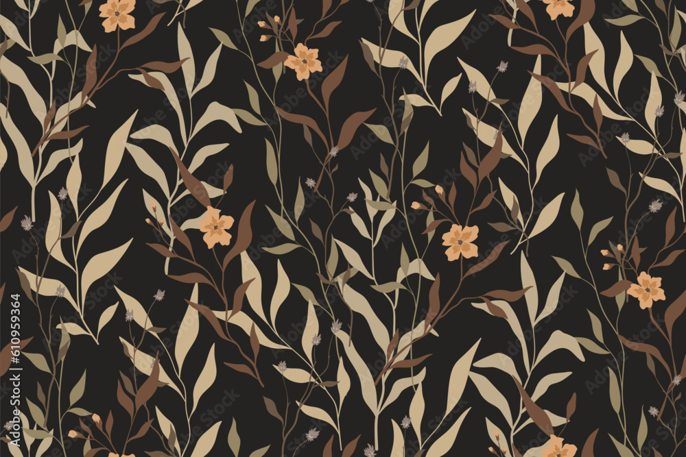Seamless floral pattern, autumn flower print in vintage style. Elegant botanical surface design with wild plants: small flowers, leaves, branches on a brown background. Vector illustration.