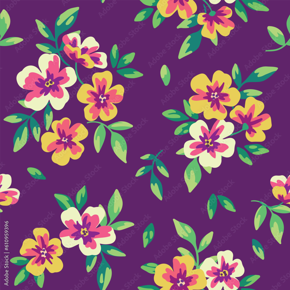 Seamless floral pattern, colorful ditsy print with retro rustic motif. Beautiful botanical design for fabric, textile, paper: small hand drawn flowers, leaves in bouquets. Vector illustration.