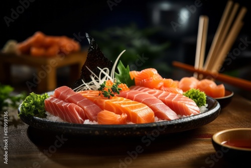 Close-up view photography of a tempting sashimi on a rustic plate against a pastel or soft colors background. With generative AI technology