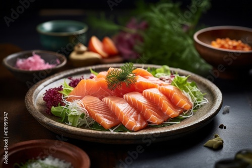 Close-up view photography of a tempting sashimi on a rustic plate against a pastel or soft colors background. With generative AI technology