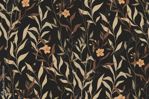 Seamless floral pattern, autumn flower print in vintage style. Elegant botanical surface design with wild plants: small flowers, leaves, branches on a brown background. Vector illustration.