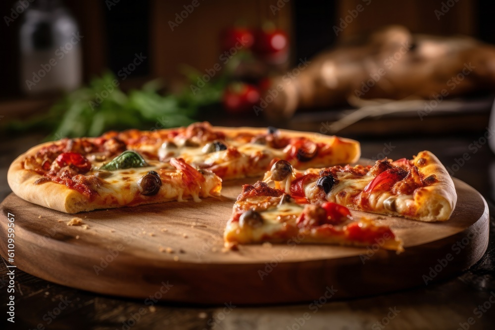 Macro view photography of a tempting pizza on a rustic plate against a rustic wood background. With generative AI technology