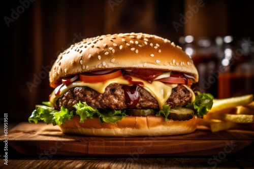 Close-up view photography of a tempting burguer on a metal tray against a rustic wood background. With generative AI technology