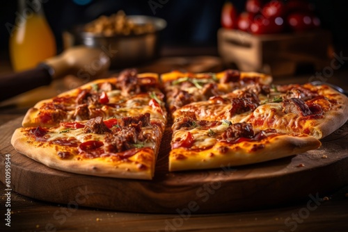 Macro view photography of a tempting pizza on a rustic plate against a rustic wood background. With generative AI technology