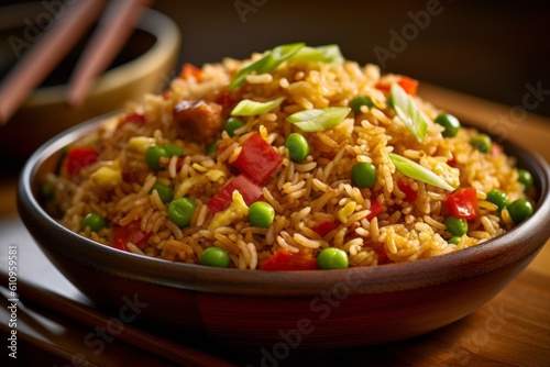 Highly detailed close-up photography of a tempting fried rice on a metal tray against a rustic wood background. With generative AI technology