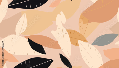 Hand drawn minimal abstract leaves pattern. Soft warm beautiful collage contemporary print. Fashionable template for design