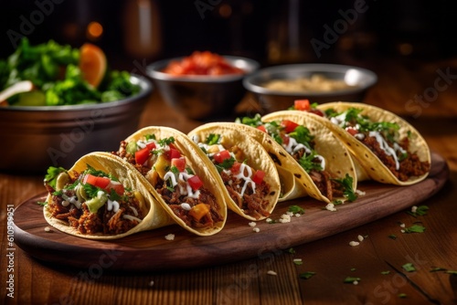 Highly detailed close-up photography of a delicious tacos on a rustic plate against a rustic wood background. With generative AI technology