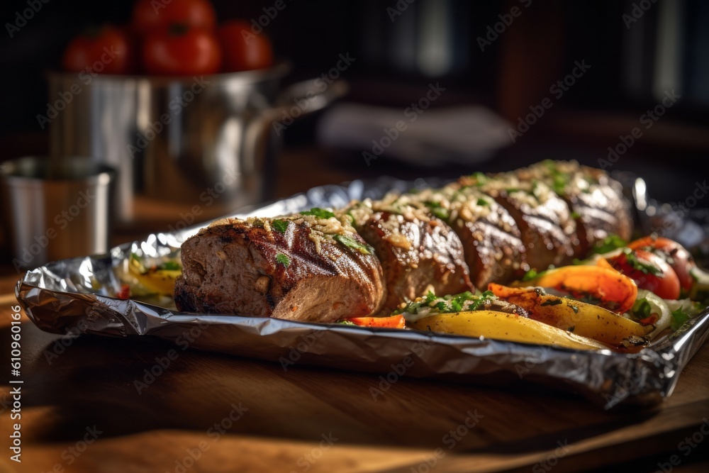 Natural light close-up photography of a juicy kebab on a metal tray against a rustic wood background. With generative AI technology Natural light close-up photography of a juicy kebab on a metal tray against a rustic wood background. With generative AI technology