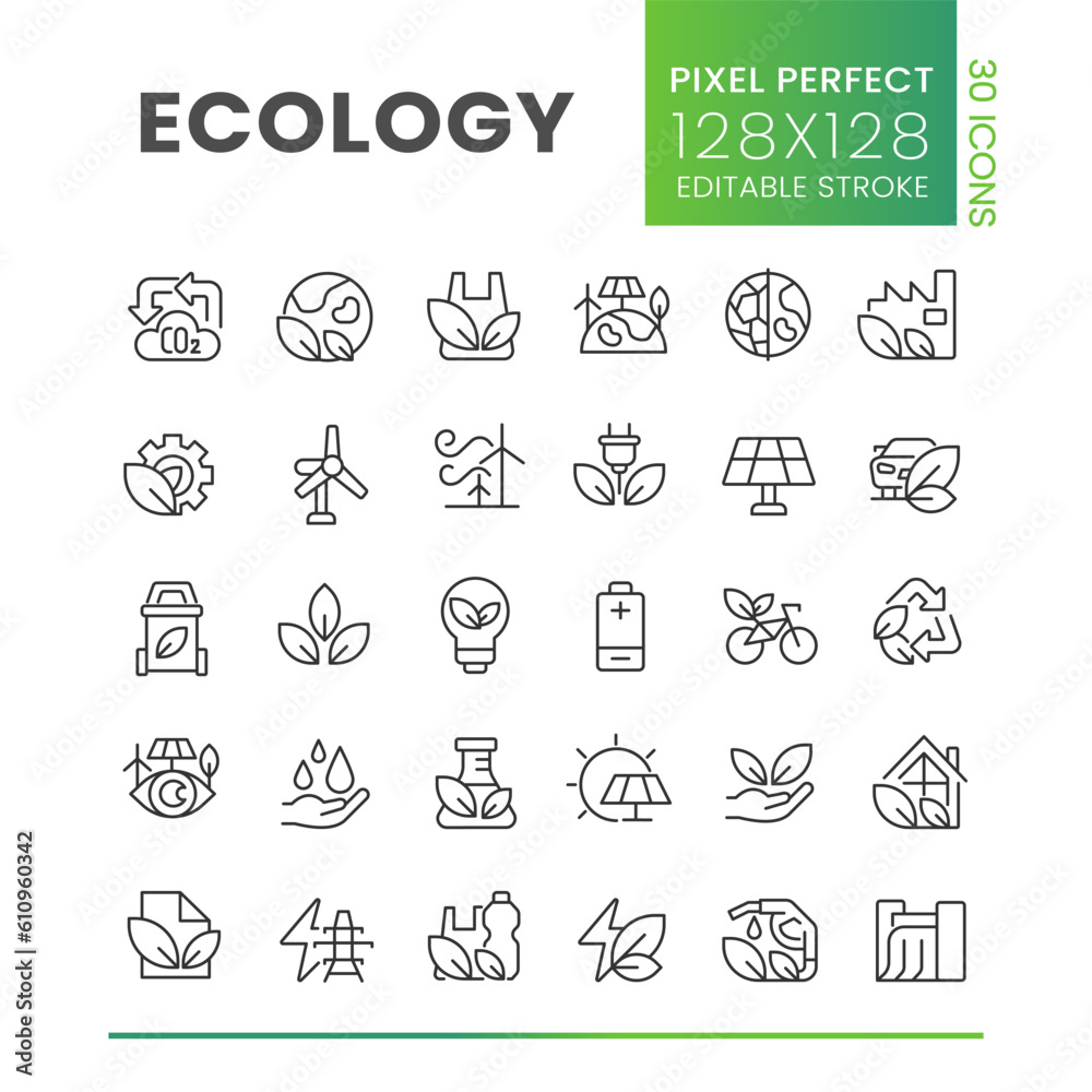 Ecology pixel perfect linear icons set. Nature protection. Sustainable energy sources. Customizable thin line symbols. Isolated vector outline illustrations. Editable stroke. Poppins font used