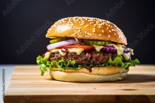 Highly detailed close-up photography of a tasty burguer on a wooden board against a white ceramic background. With generative AI technology