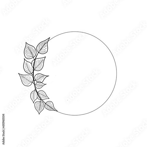 Minimalist Hand Drawn Leaf line art Frame,  Circle for invitation card ,eco friendly Decorative element Design