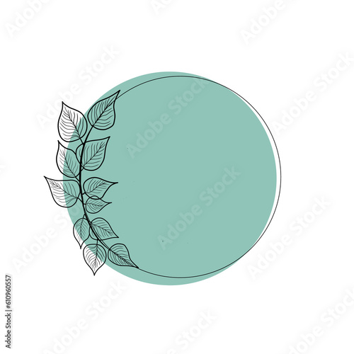 Minimalist Hand Drawn Leaf line art Frame Circle Decorative Design with blue Abstract shape