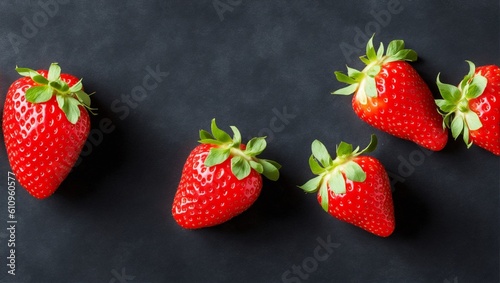 Fresh strawberries on dark background, top view, flat lay, generative ai