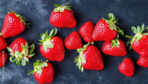 Fresh strawberries on dark background, top view, flat lay, generative ai