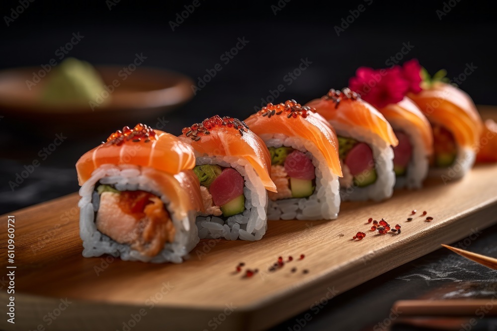 Highly detailed close-up photography of a tempting sushi on a wooden board against a grey concrete background. With generative AI technology Highly detailed close-up photography of a tempting sushi on a wooden board against a grey concrete background. With generative AI technology