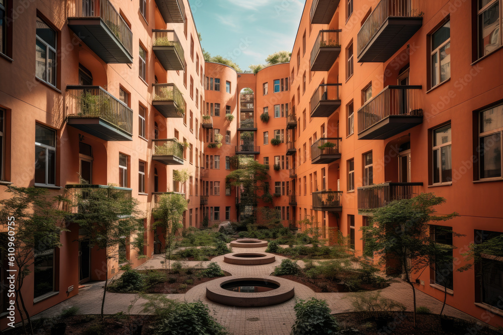 Landscape of luxury apartment complex buildings, colorful sidewalk scene. Generative Ai