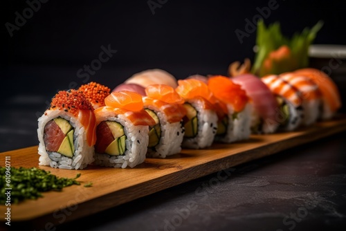 Highly detailed close-up photography of a tempting sushi on a wooden board against a grey concrete background. With generative AI technology