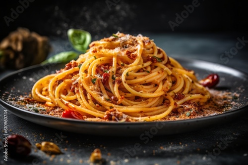 Close-up view photography of an exquisite spaghetti on a rustic plate against a grey concrete background. With generative AI technology