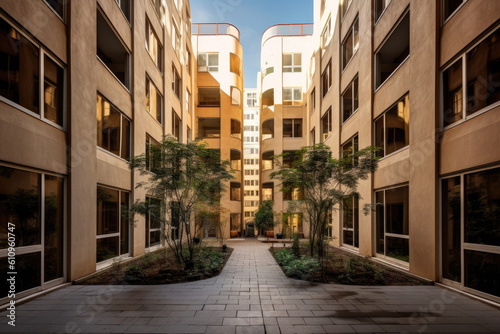 Landscape of luxury apartment complex buildings, colorful sidewalk scene. Generative Ai