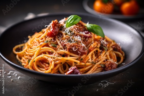 Close-up view photography of an exquisite spaghetti on a rustic plate against a grey concrete background. With generative AI technology