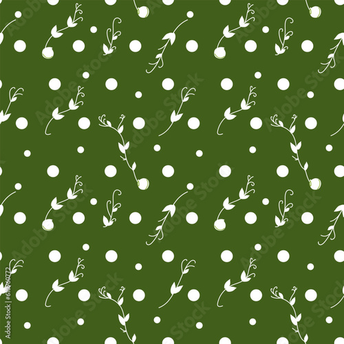 Pattern of white peas and sprouts on a green background. Vector illustration for decoration, postcards, print, fabric