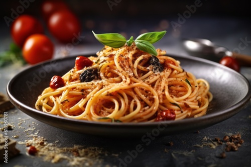 Close-up view photography of an exquisite spaghetti on a rustic plate against a grey concrete background. With generative AI technology