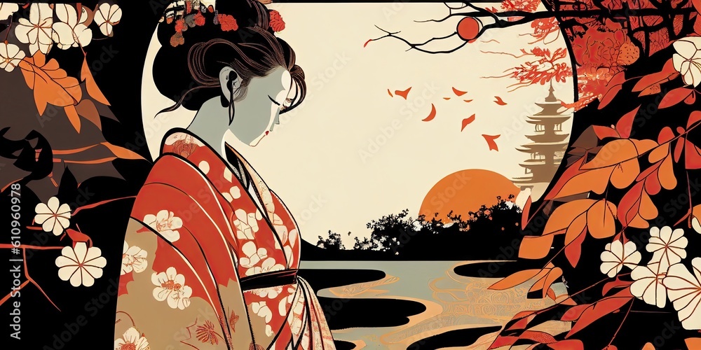 A traditional Japanese ukiyoe woman in Japanese dress reflects melancholy and melancholy in a