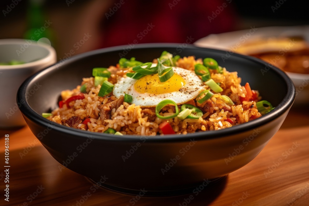 Close-up view photography of an hearty fried rice on a ceramic tile against a painted brick background. With generative AI technology