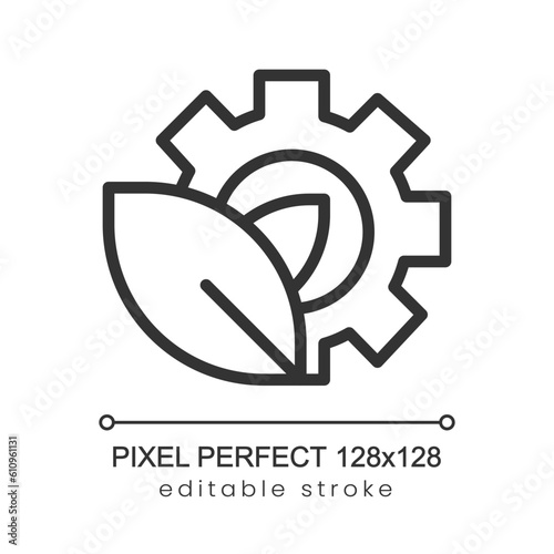 Ecology setting pixel perfect linear icon. Environmental friendly technology. Sustainable industry. Thin line illustration. Contour symbol. Vector outline drawing. Editable stroke. Poppins font used