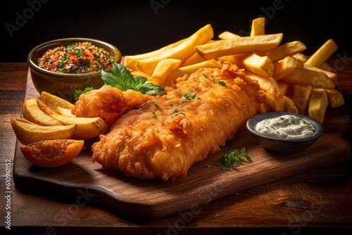 Detailed close-up photography of a tempting fish and chips on a wooden board against a painted brick background. With generative AI technology