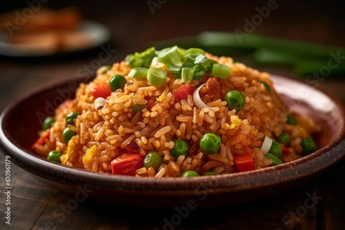 Close-up view photography of an hearty fried rice on a ceramic tile against a painted brick background. With generative AI technology