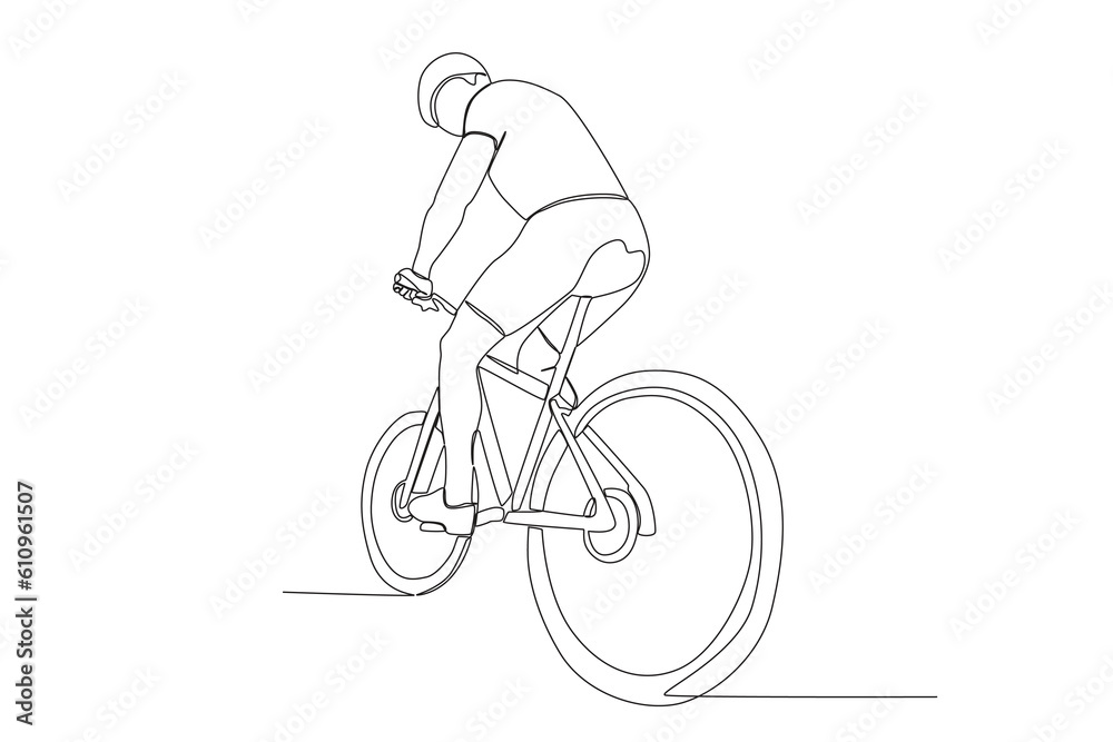 Fototapeta premium Vector one continuous single line drawing of young man riding bicycle for exercise healthy commuter lifestyle concept linear sketch isolated