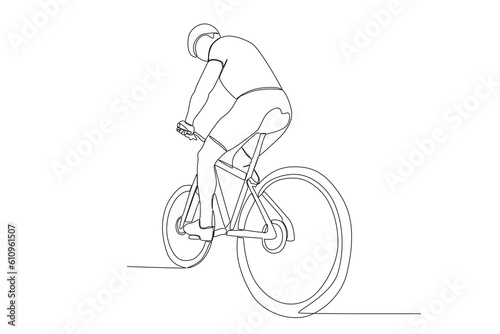 Vector one continuous single line drawing of young man riding bicycle for exercise healthy commuter lifestyle concept linear sketch isolated